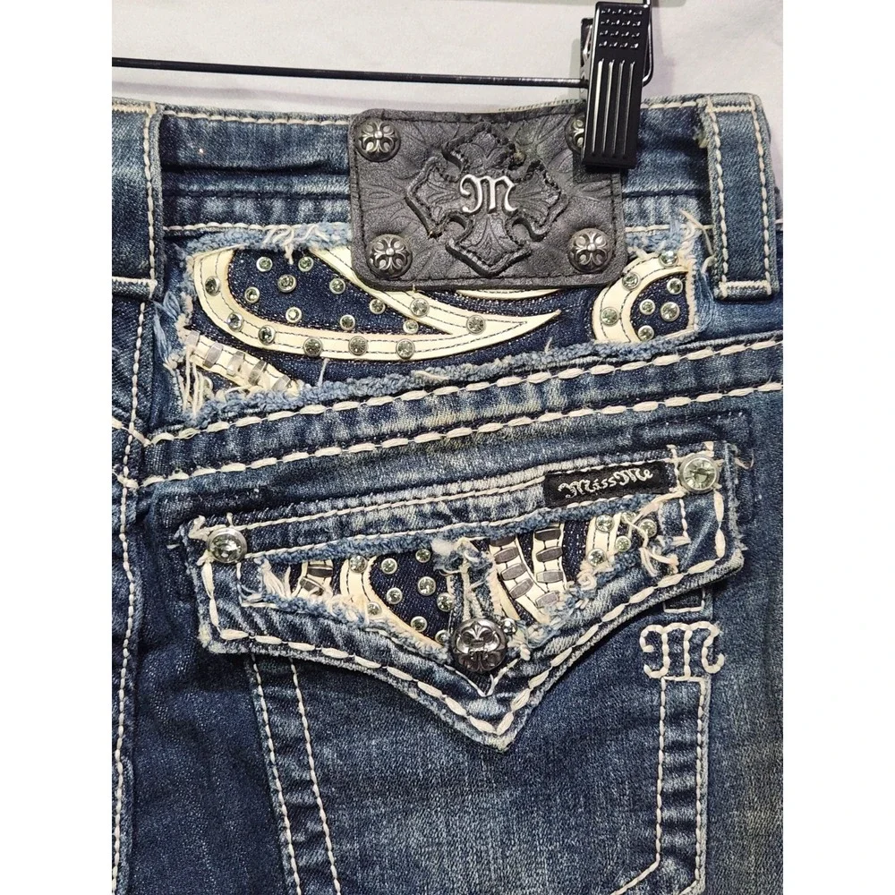 Miss Me Easy Boot Thick Stitch Jean Women 29 Distressed Paisley Rhinestone Jewel - Picture 9 of 10